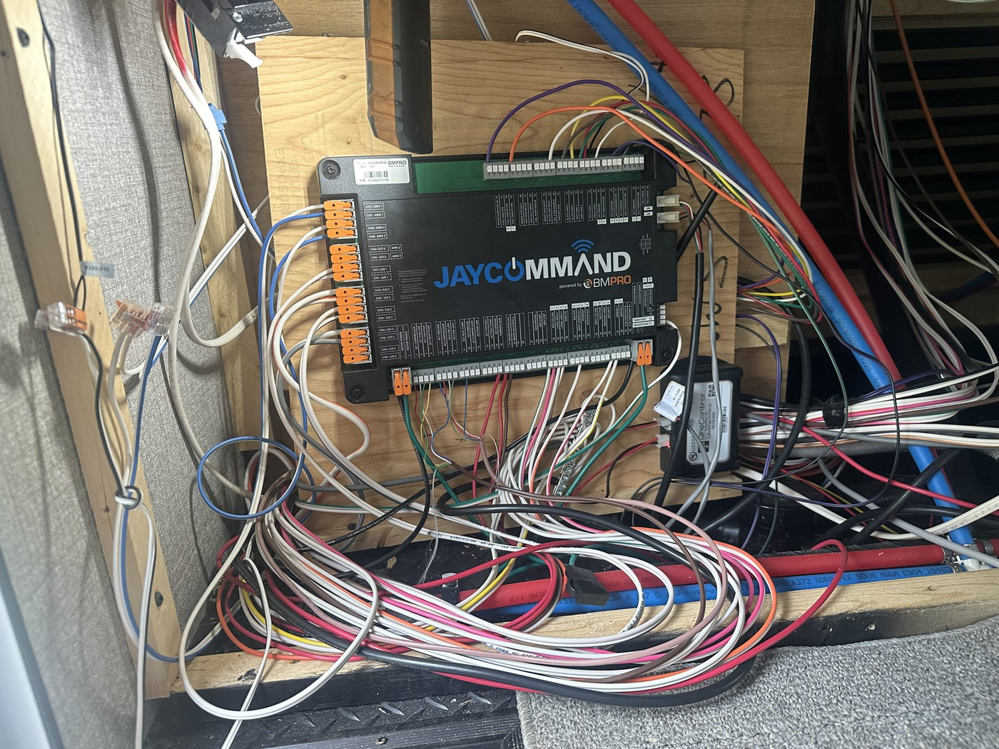 RV electrical wiring and diagnostic components inside service bay
