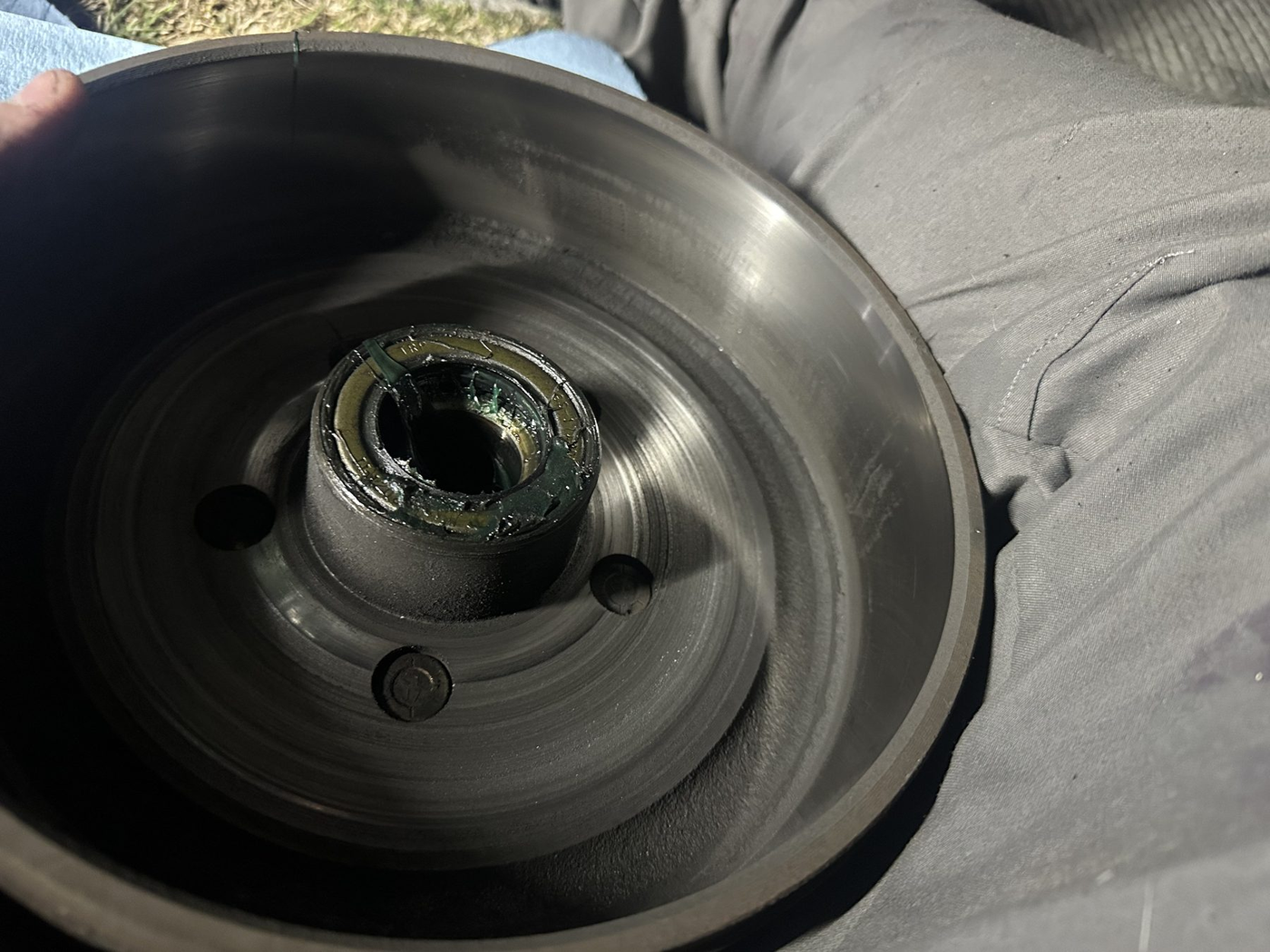 RV wheel hub spindle and brake service close up